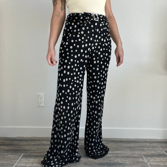 Vintage Carlisle 100% Silk Polka Dot Wide Leg Pants with Belt Black White Size 4 - Picture 2 of 14